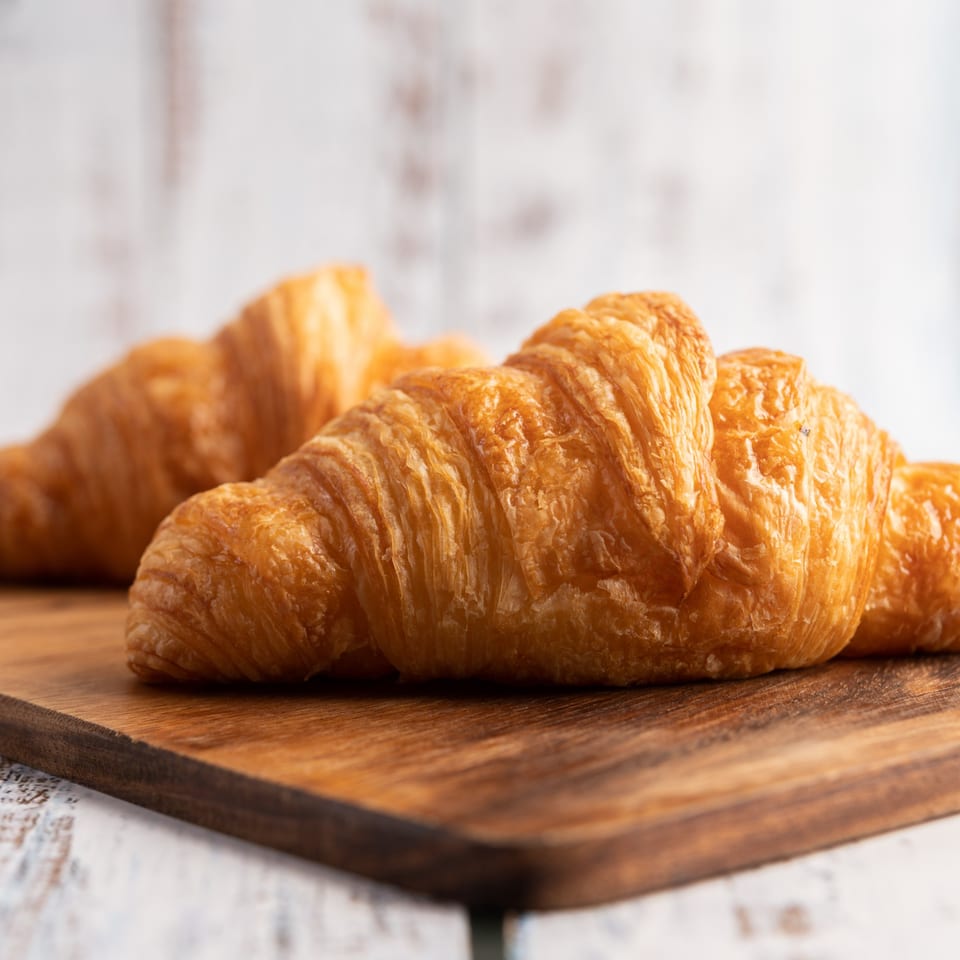 Two golden-brown croissants with flaky layers rest on a dark wooden board.