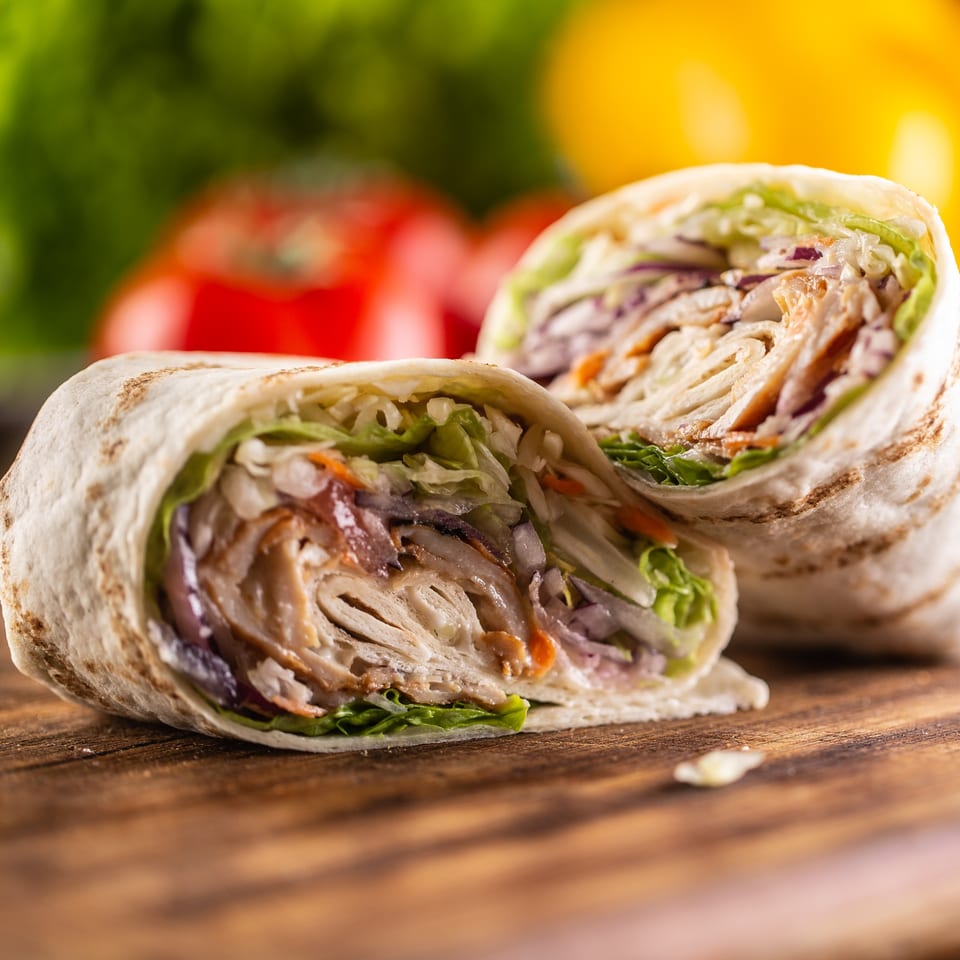 Two halves of a chicken wrap, filled with lettuce, onions, and sauce, on a wooden surface.